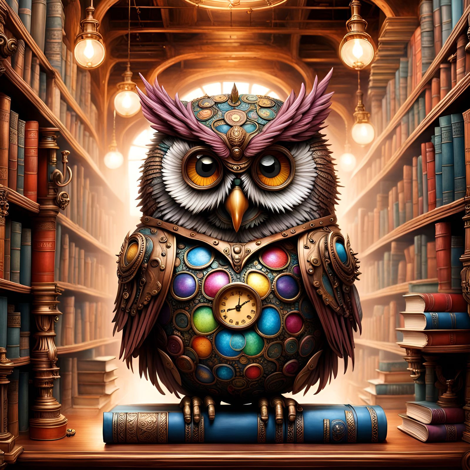 Mr. Owl Says Wisdom is Power - Steampunk library scene