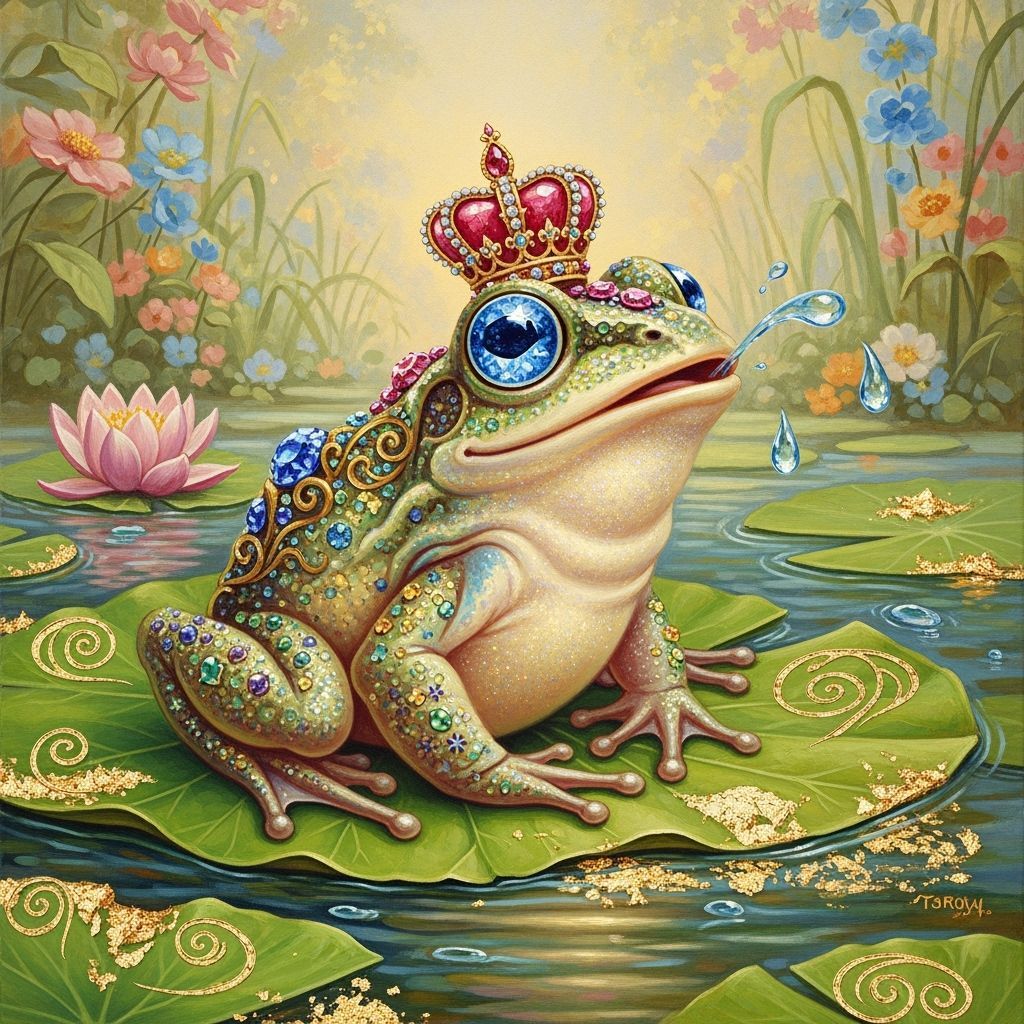 Frog with Sapphire Eyes and Ruby Crown in Rococo Style