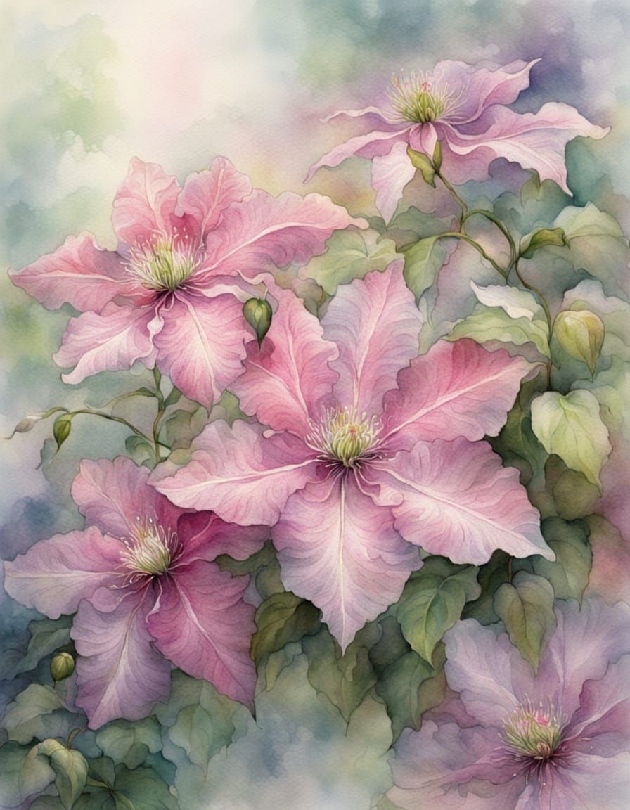 Ethereal Pink Clematis Macro Closeup in Watercolour