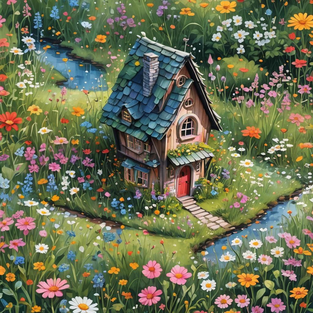 Tiny Fairy House in Flower Meadow: Gouache Painting