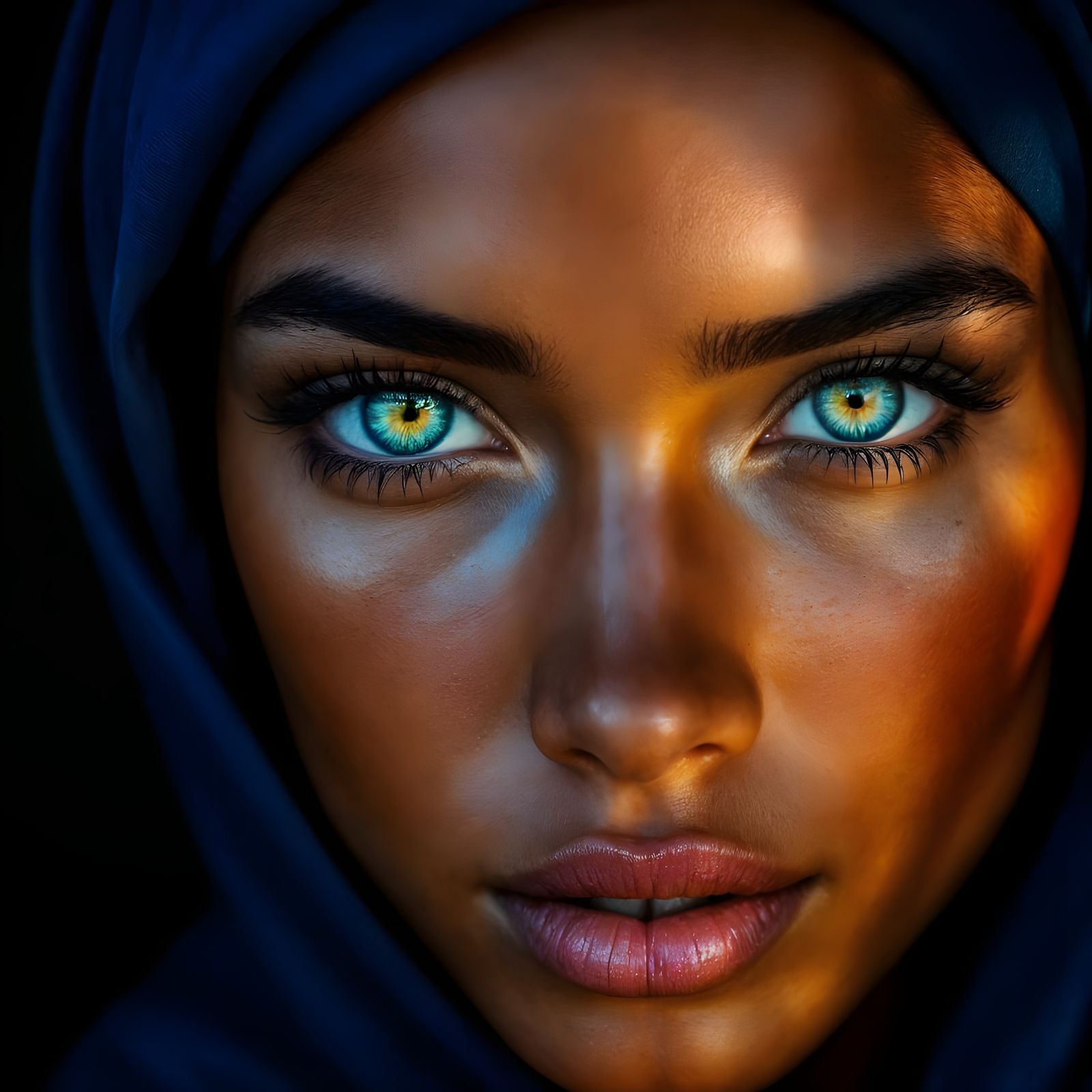Woman with Teal Eyes in Dynamic Lighting