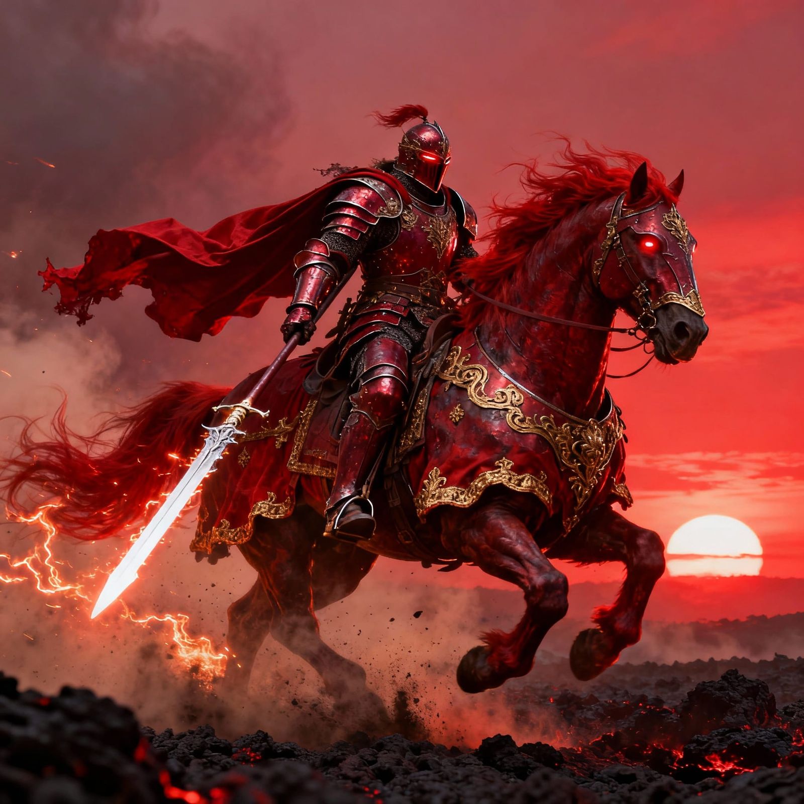 Knight on Warhorse Charging Through Ash Field