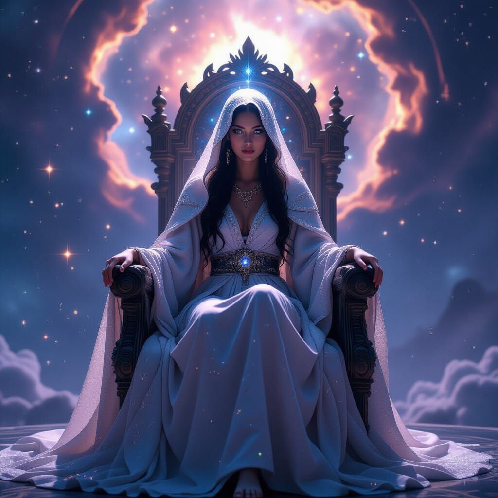 Celestial Oracle Enthroned Amidst Swirling Nebula
