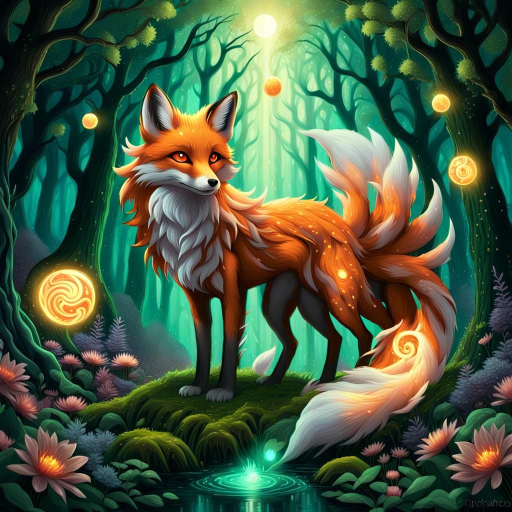 Mystical Nine-Tailed Fox in Enchanted Forest