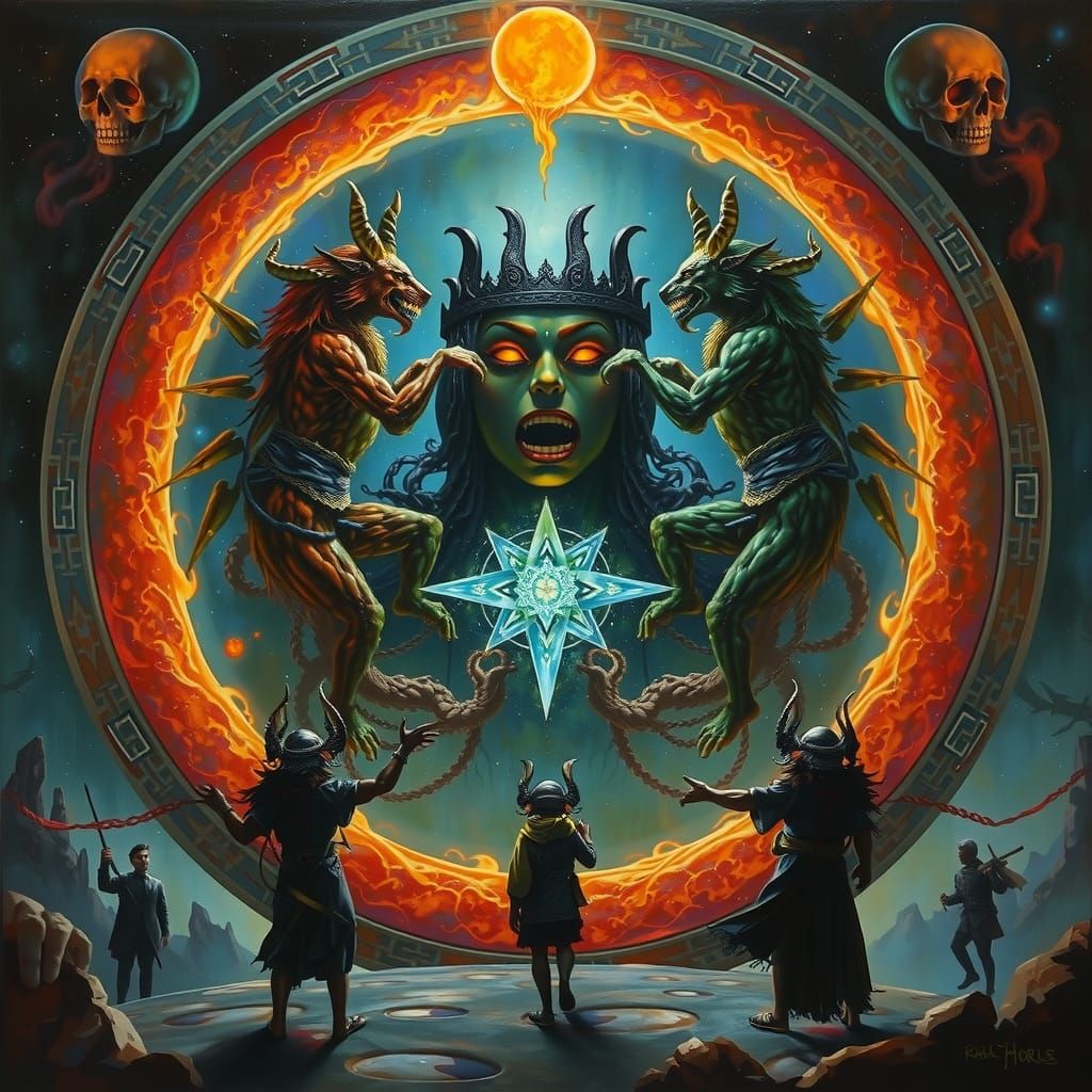 Inflamed Mystic Circle in Space: Fantasy Oil Painting