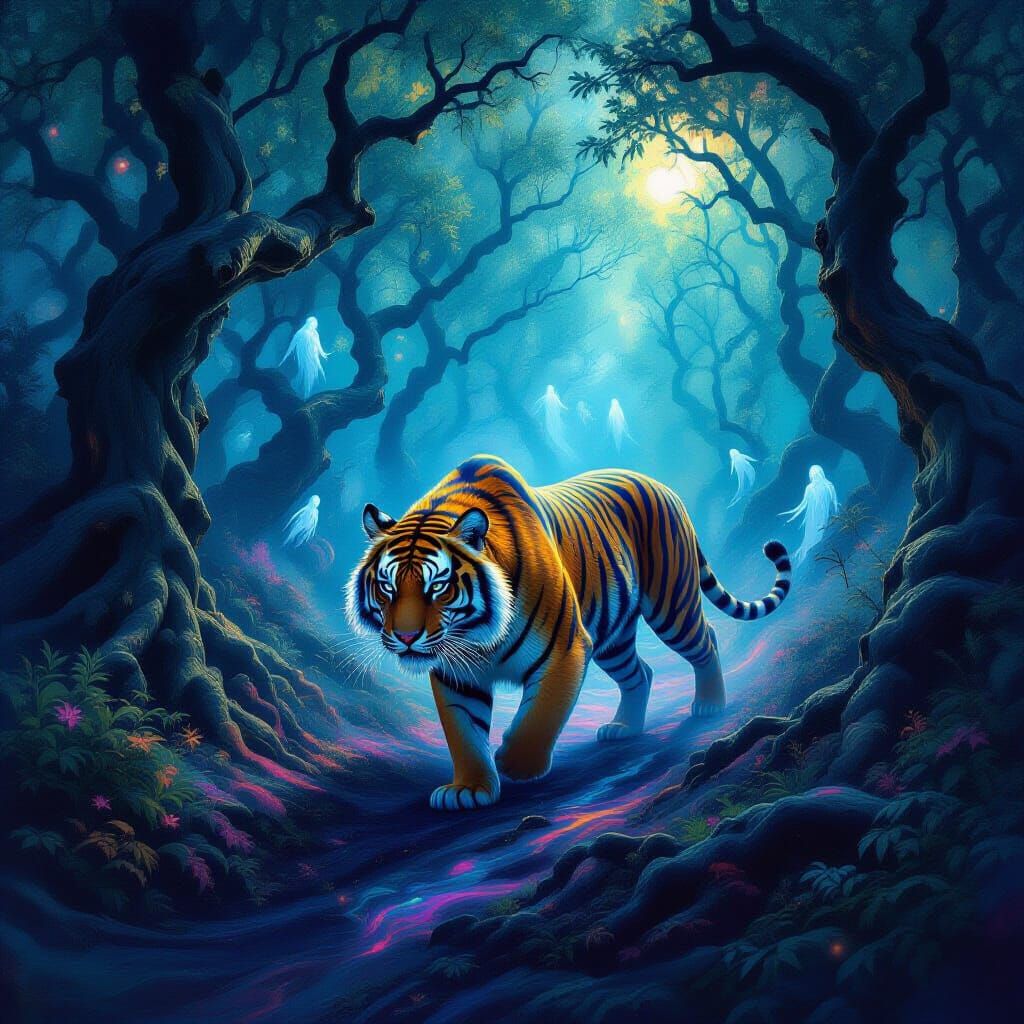 Ethereal Tiger in Surreal Dreamlike Forest