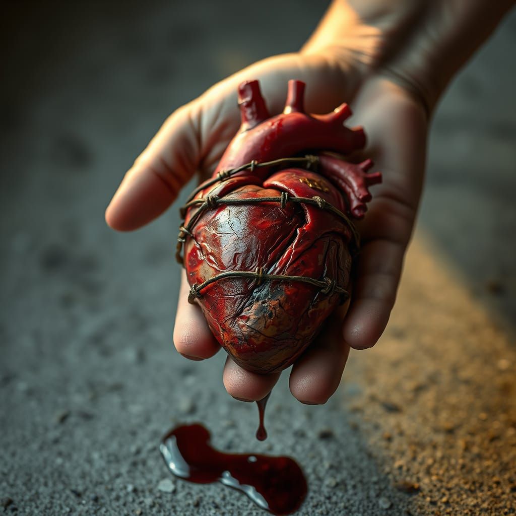 Heart Wrapped in Barbed Wire, in a Palm, with Blood Dripping
