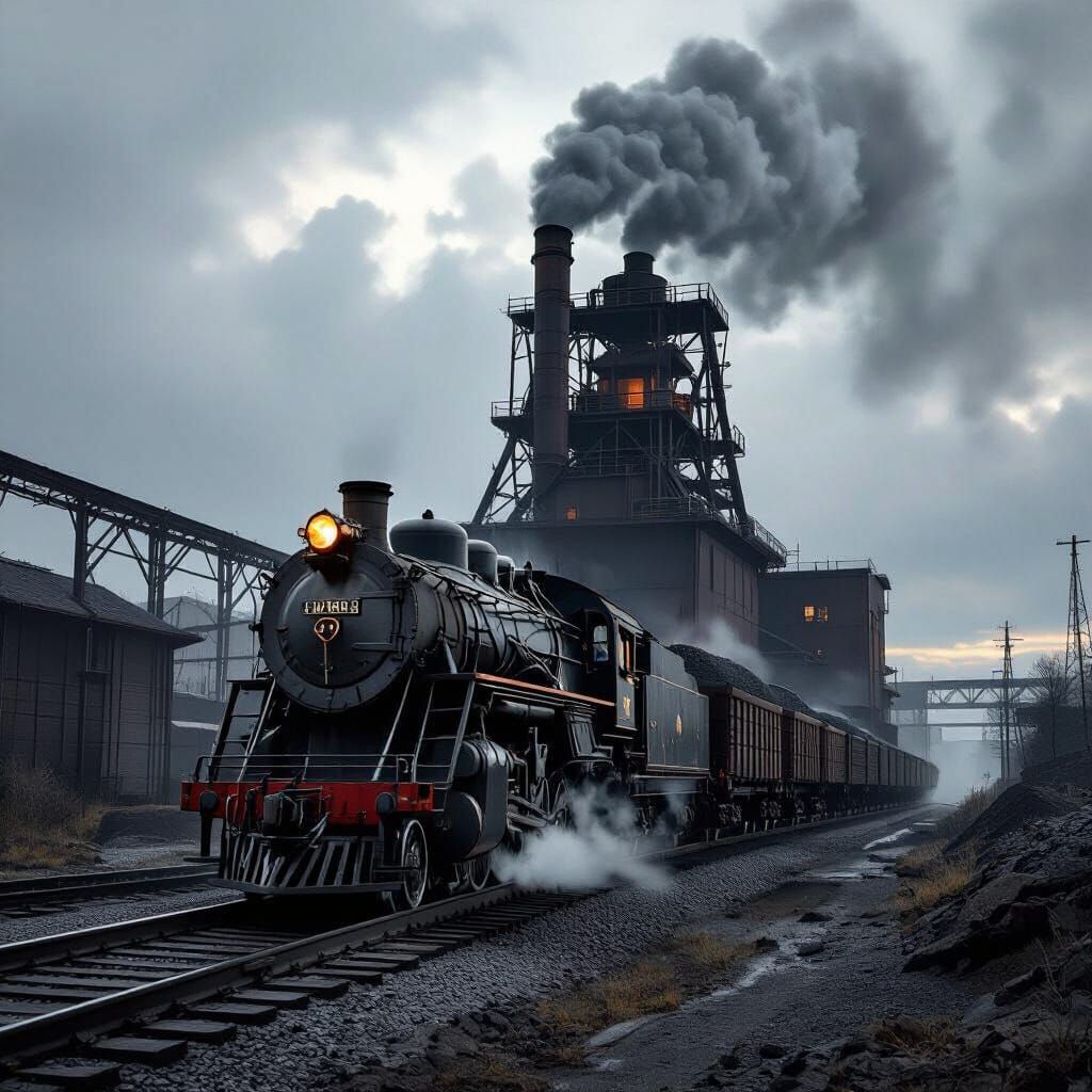 Gray Steam Locomotive Arrives at Blast Furnace