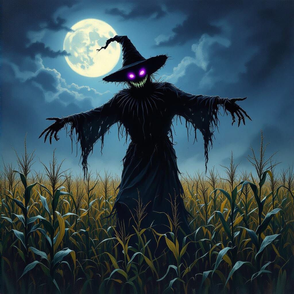 Creepy Scarecrow in a Gloomy Corn Field