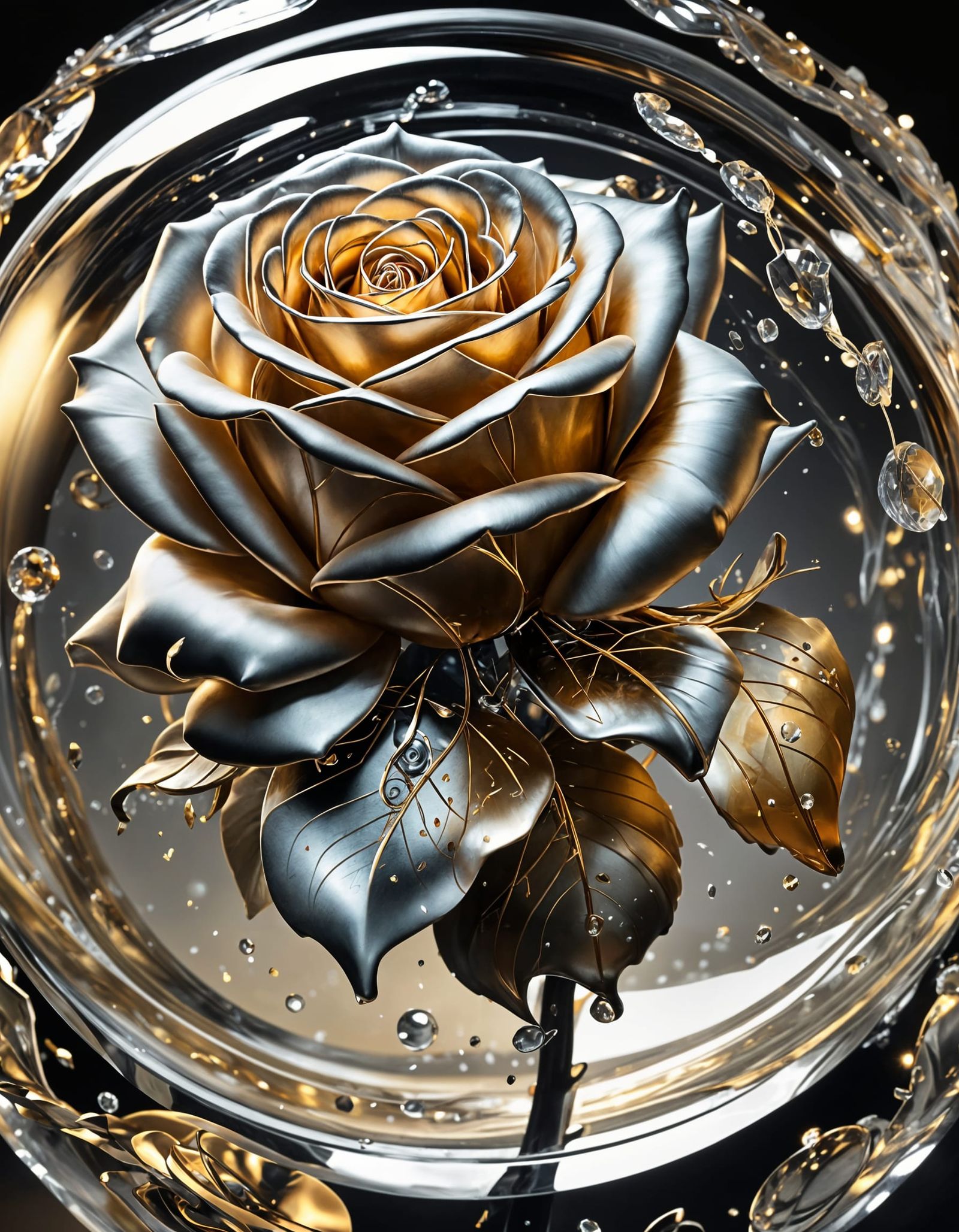 Silver and Black Rose in Floating Orb