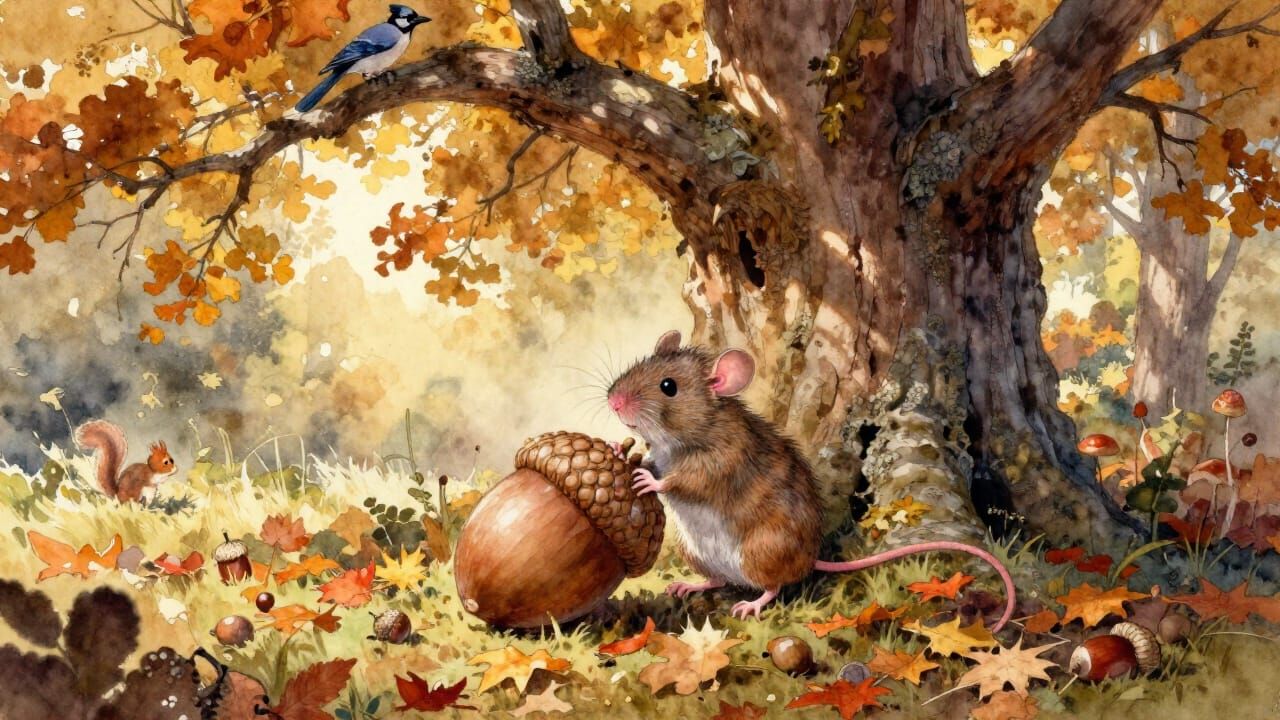 Field Mouse Drags Giant Acorn in Golden Autumn Light