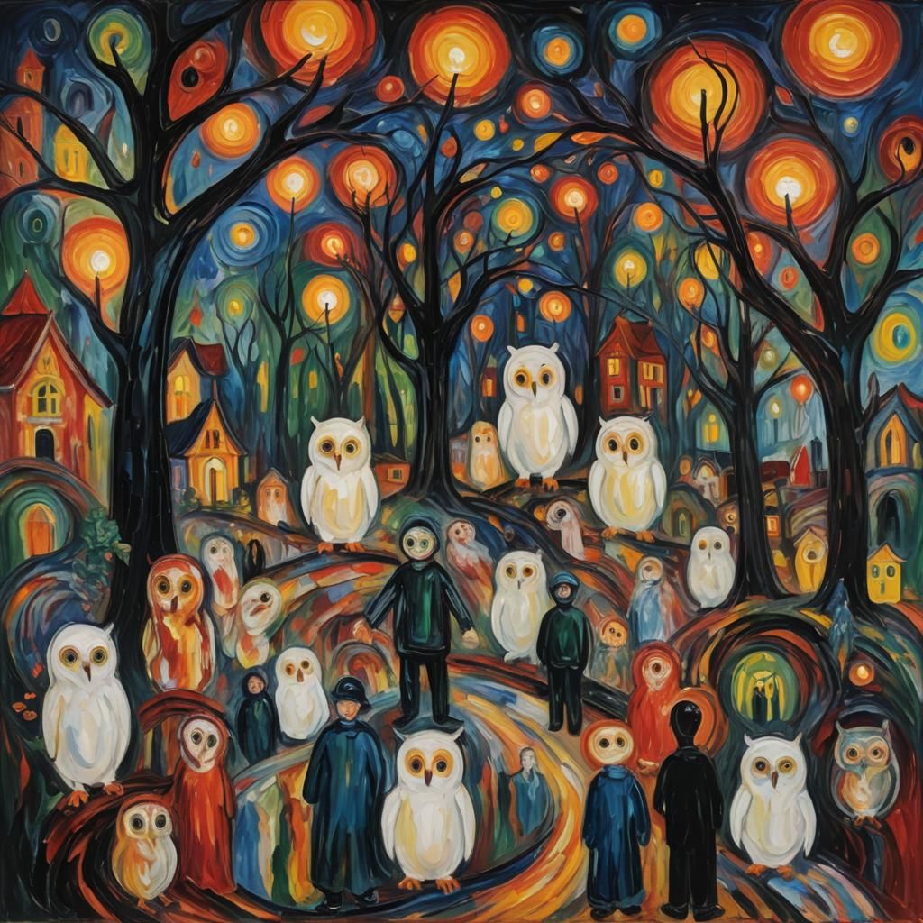 Mystical Theme Park with Ghosts and Owls as Impasto Painting