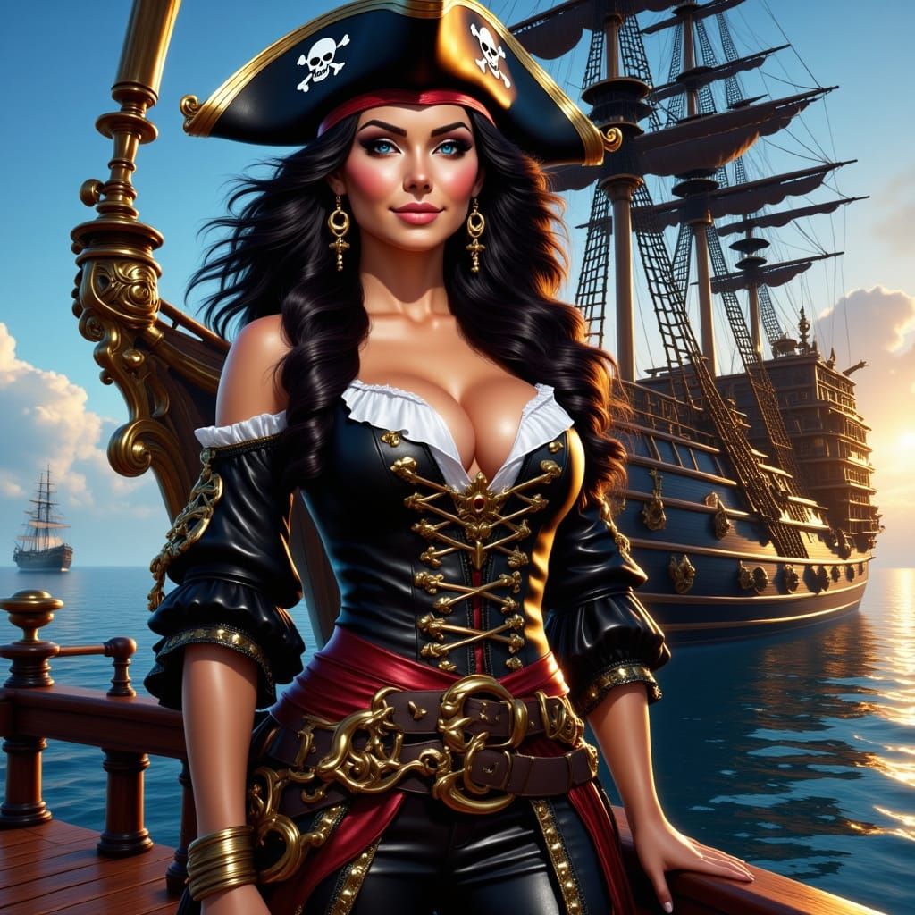Pretty Pirate Woman on Dock with Skull Ship