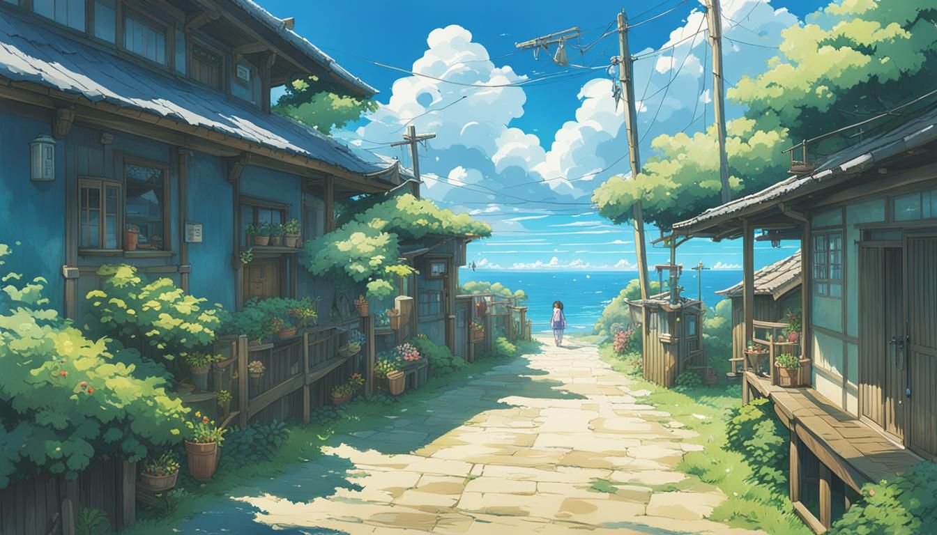 Tropical Coastal Village in Studio Ghibli Anime Style