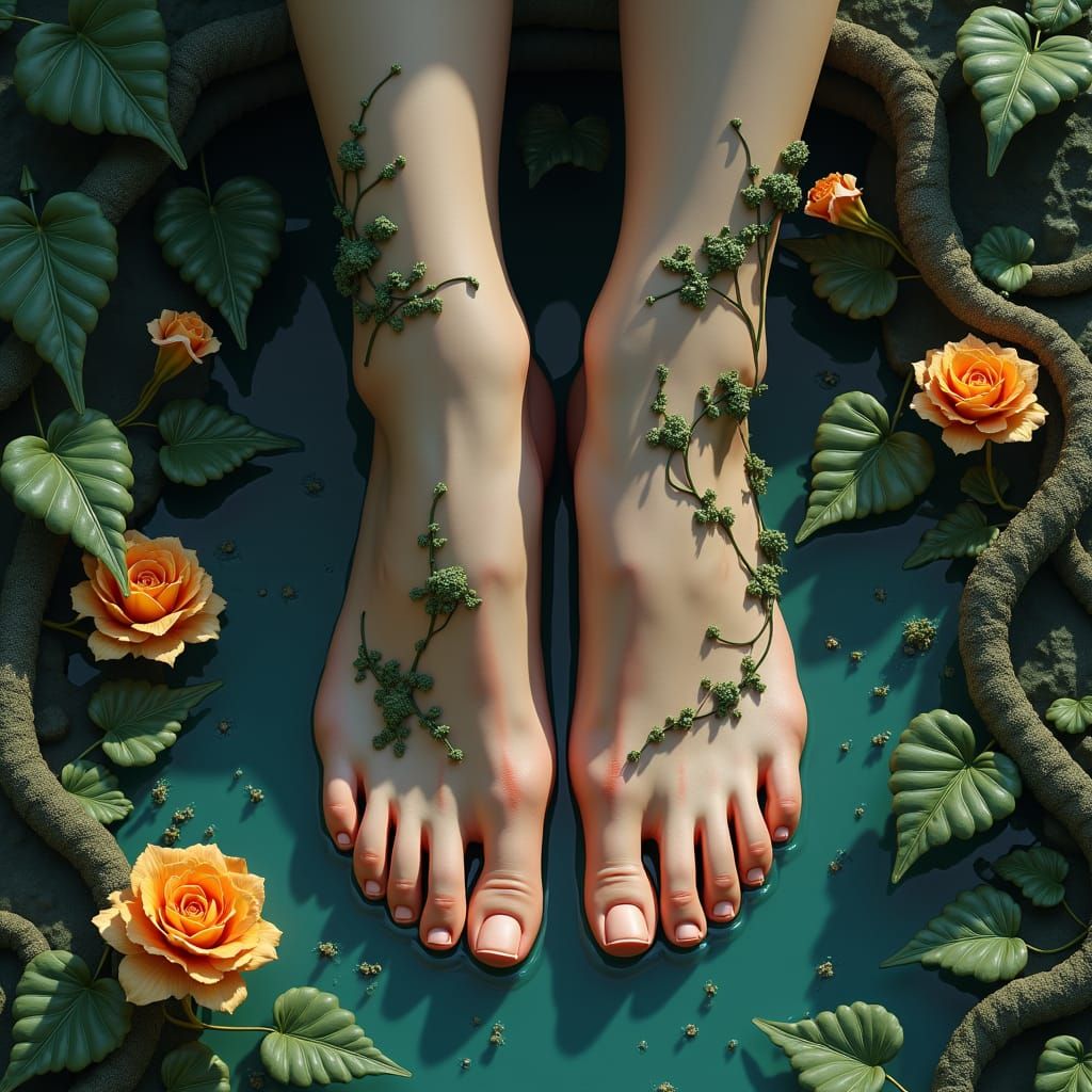 Weathered Hands and Feet in Lush Fantasy Environment