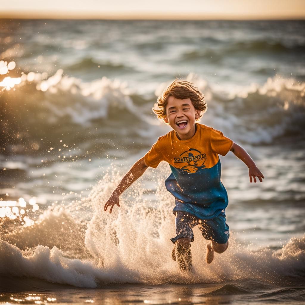 Child's Joyful Play in Ocean Waves, Professional Photography