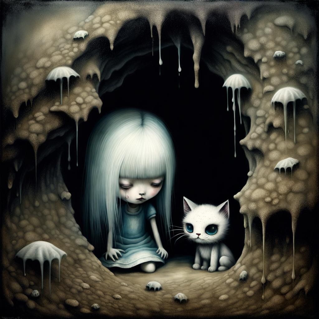 Surreal Body Horror: Woman Crawling into Cave