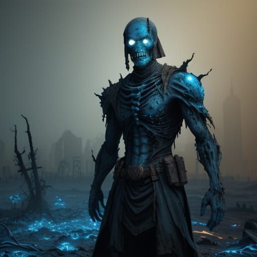 Glowing Mummified Zombie in Desolate Wasteland