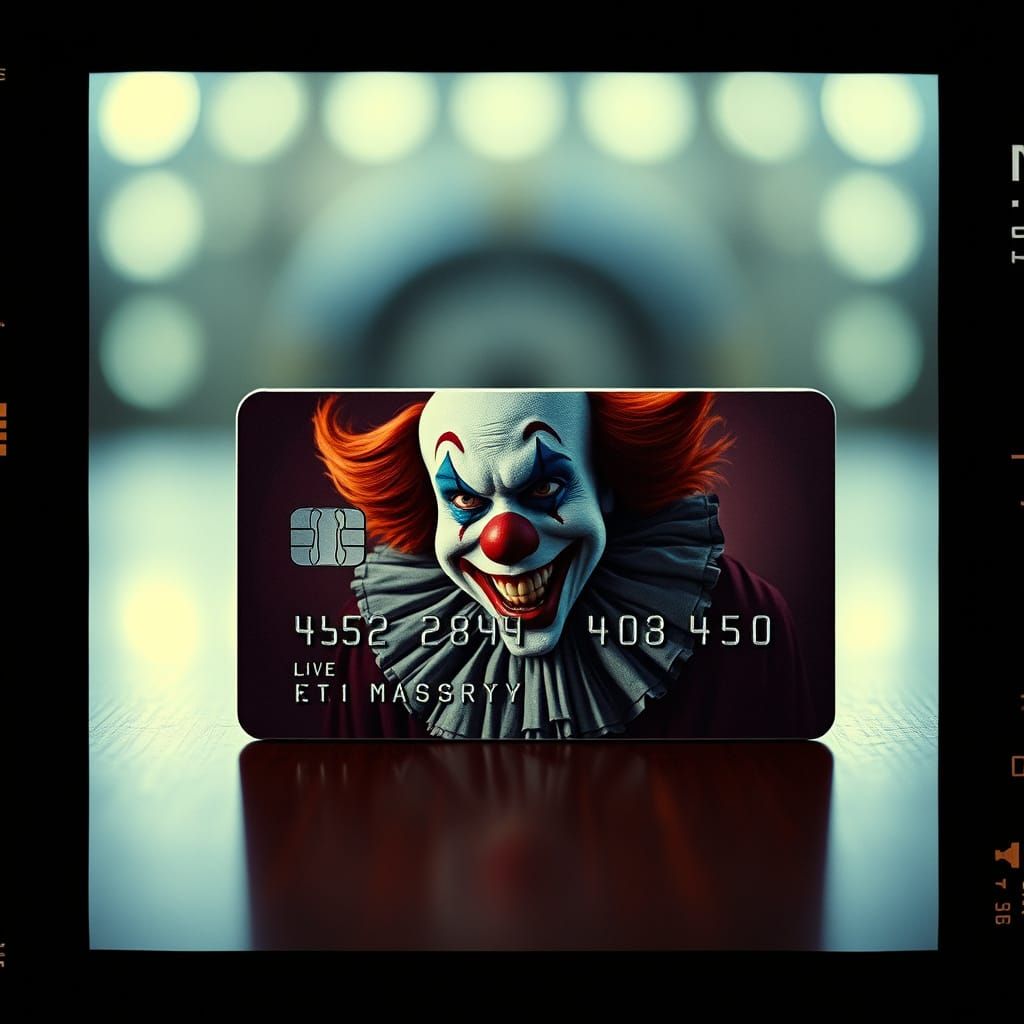 Cinematic Credit Card with a Clown in a Film Noir Vignette