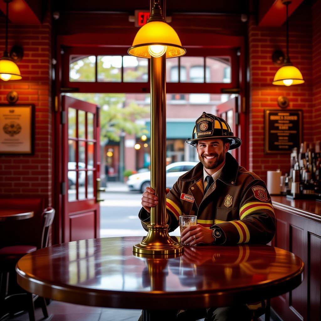 Firehouse Bar Interior with Brass Firepole Table