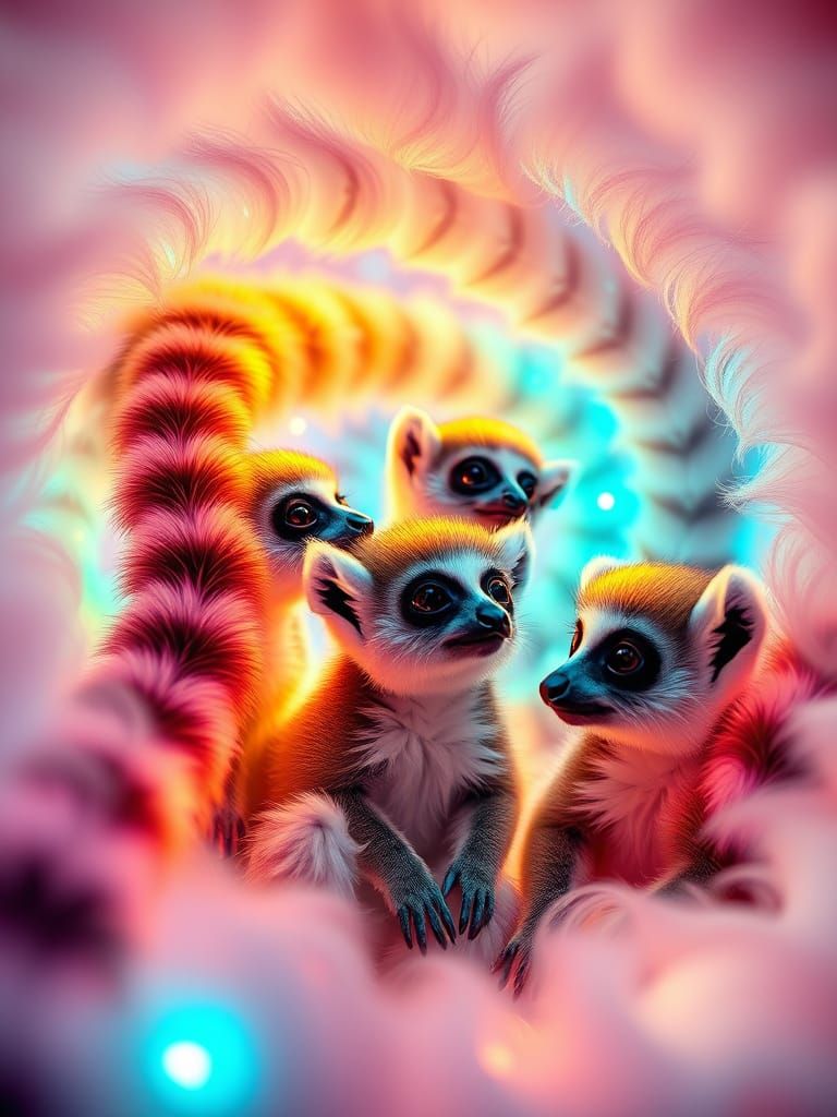Bioluminescent Lemurs in Neon Fibonacci Swirl, Anime Style