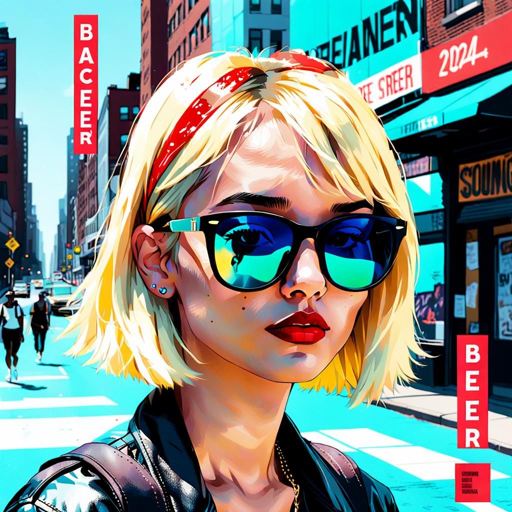 Stylish Blonde Portrait with City Reflection - Comic Book Ar...