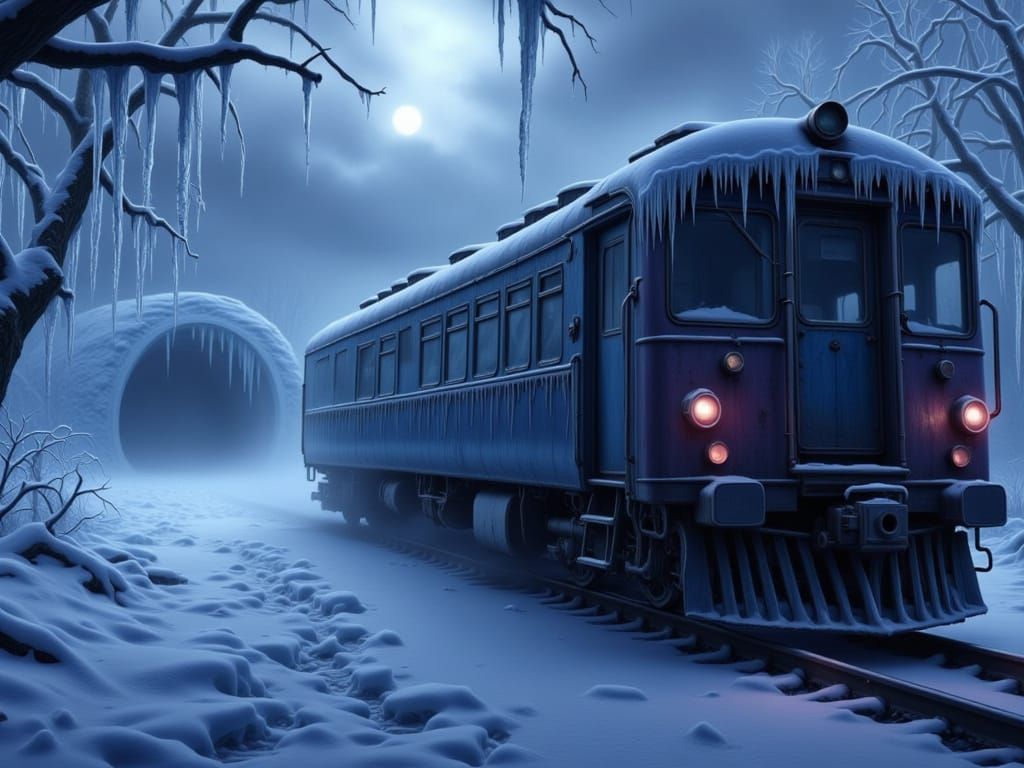 Abandoned Train Frozen in Time, Midnight Blue and Purple Hue...