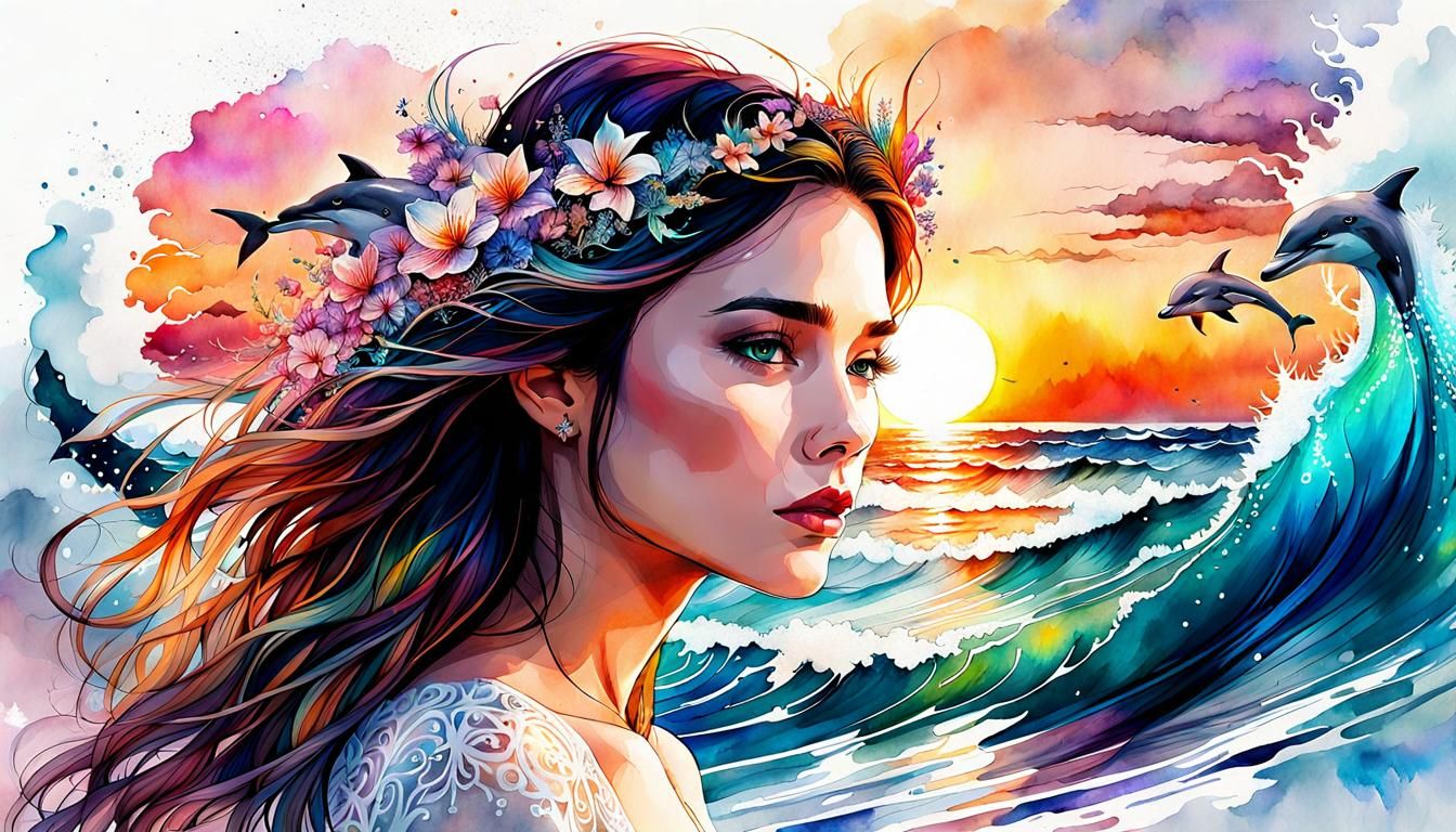 Queen of Waves and Dolphins: Digital Watercolor Summerscape