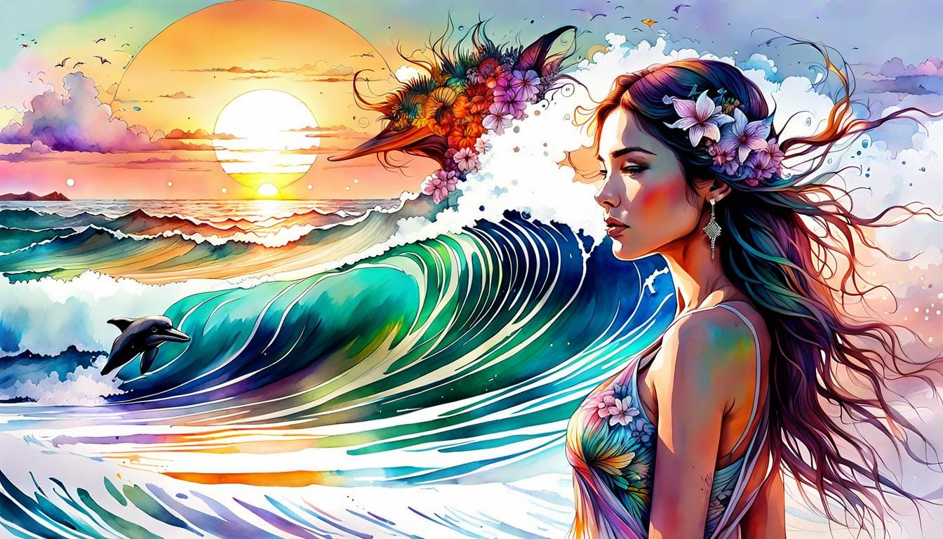 Queen of Waves and Dolphins: Digital Watercolor Art