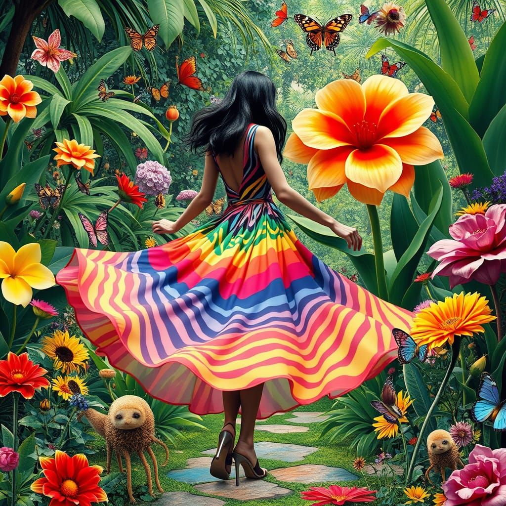 Joyful Garden Goddess in Whimsical Zebra Striped Dress