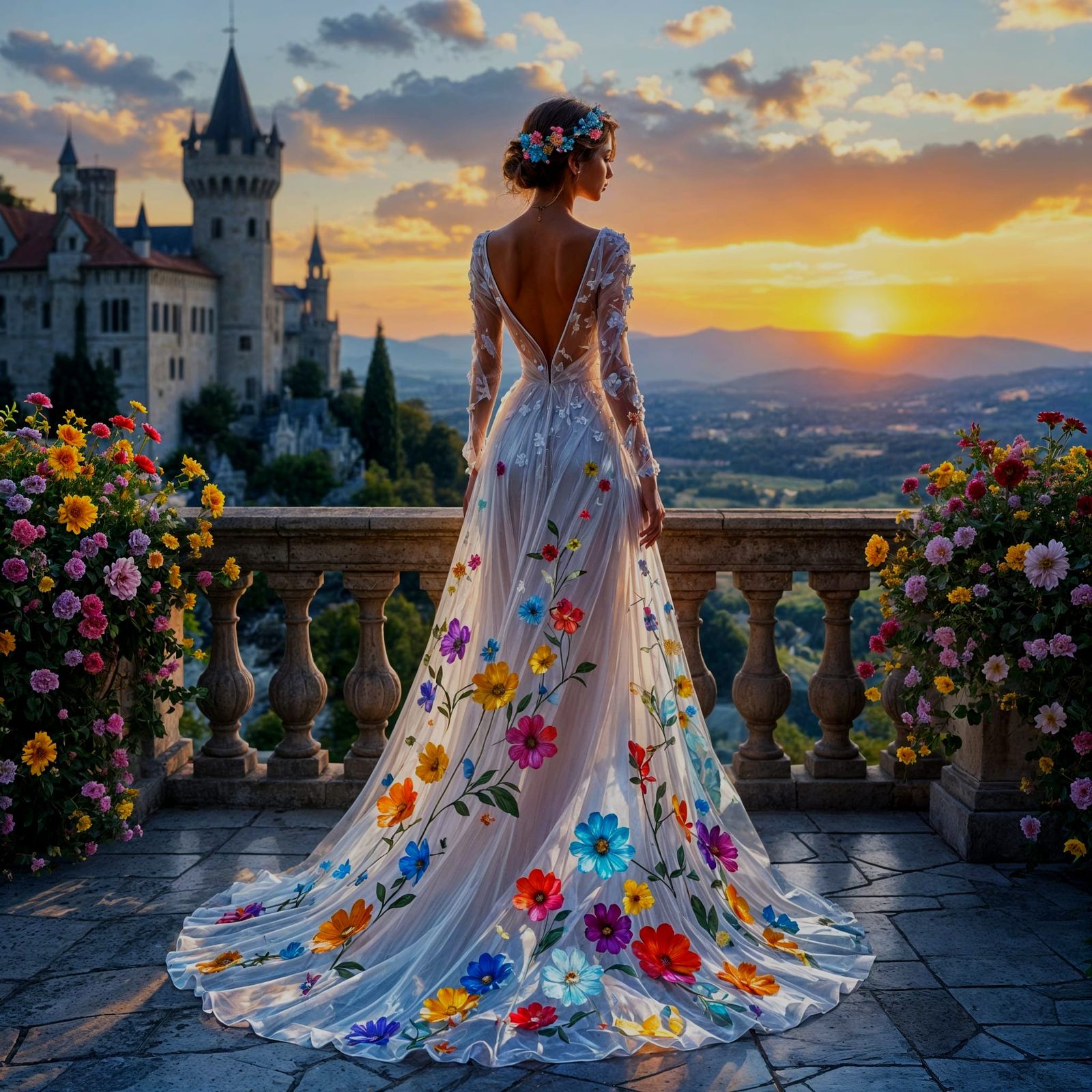 Crystal Woman on Castle Terrace at Sunset