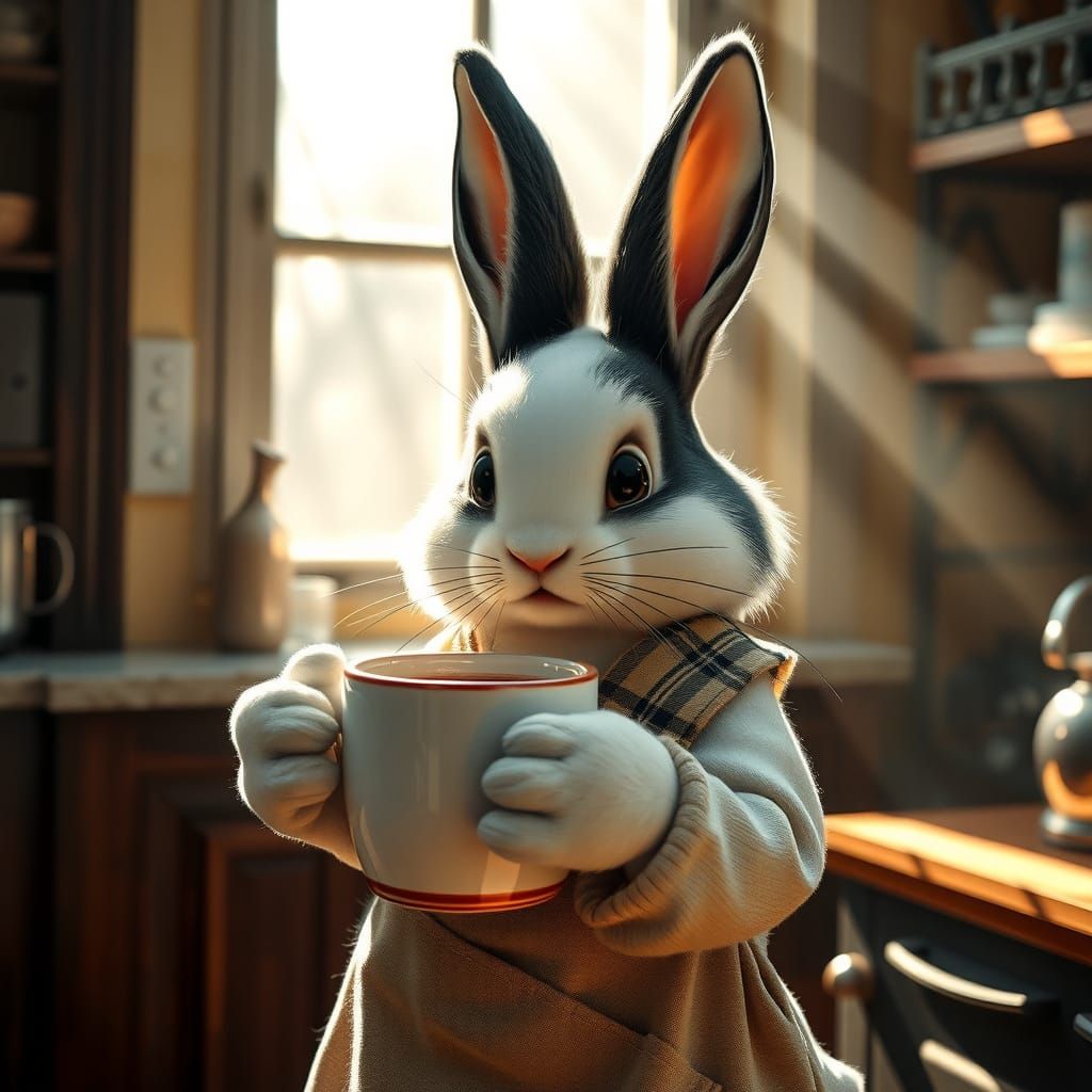 Bunny Sips Coffee in Film Noir Kitchen