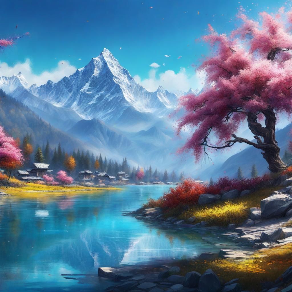 Himalayan Panorama with Blooming Flowers