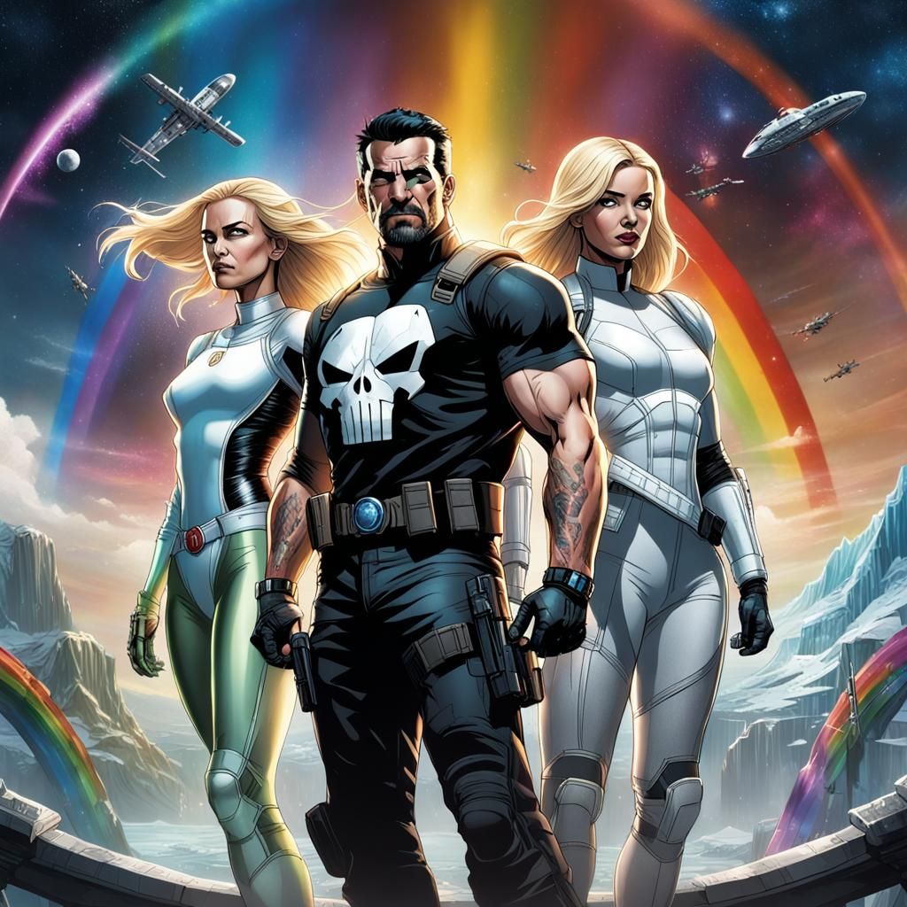 Deadpool, Punisher, and Emma Frost on Bifrost Bridge
