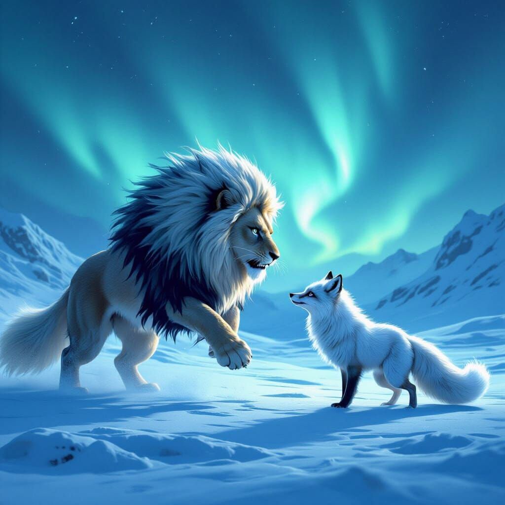 Lion-Fox Hybrid Attacks Arctic Fox Under Aurora