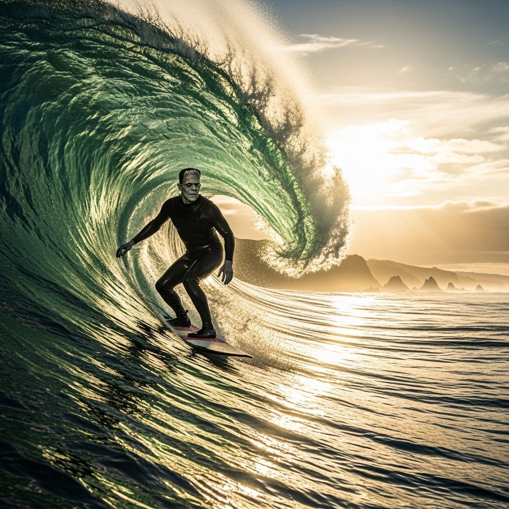 Frankenstein Surfs a Colossal Wave in Cinematic Style