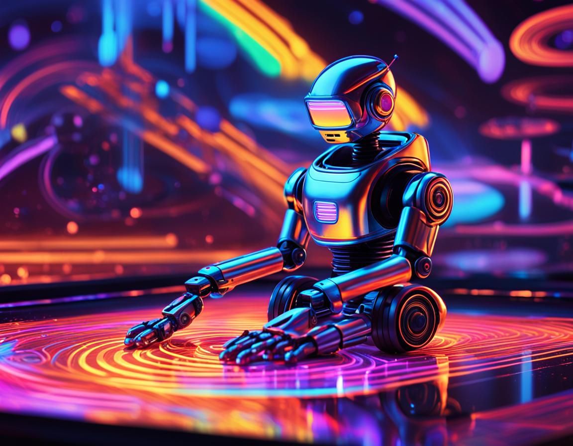 Toy Robot on Holographic Mat in Futuristic Style