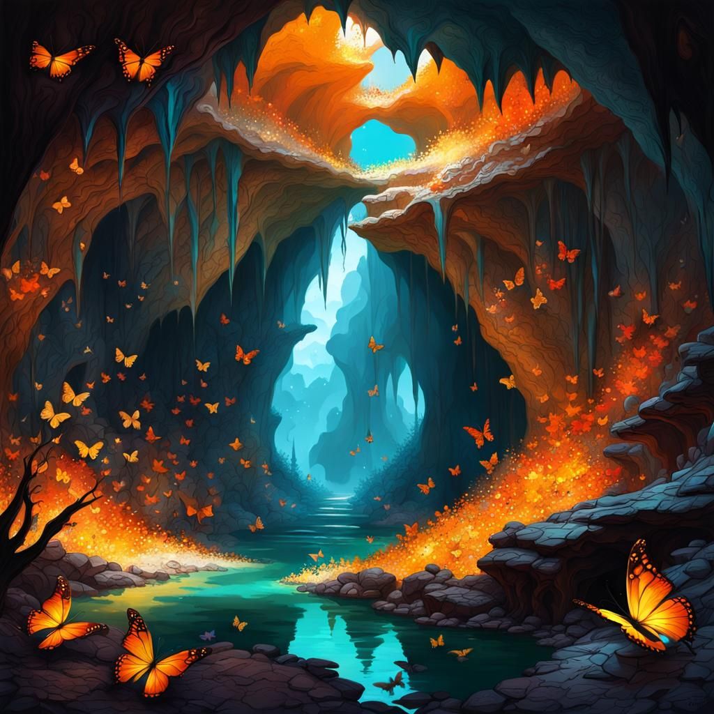 A magical cave with orange glowing butterflies