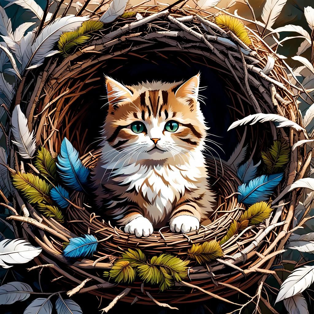 Charming Birdcat Nesting in Winter Thicket