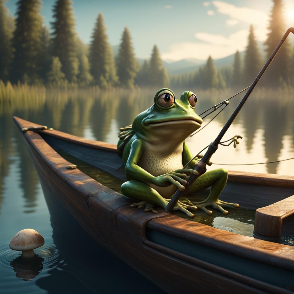 Frog with Mushroom Hat Fishing: Detailed Concept Art