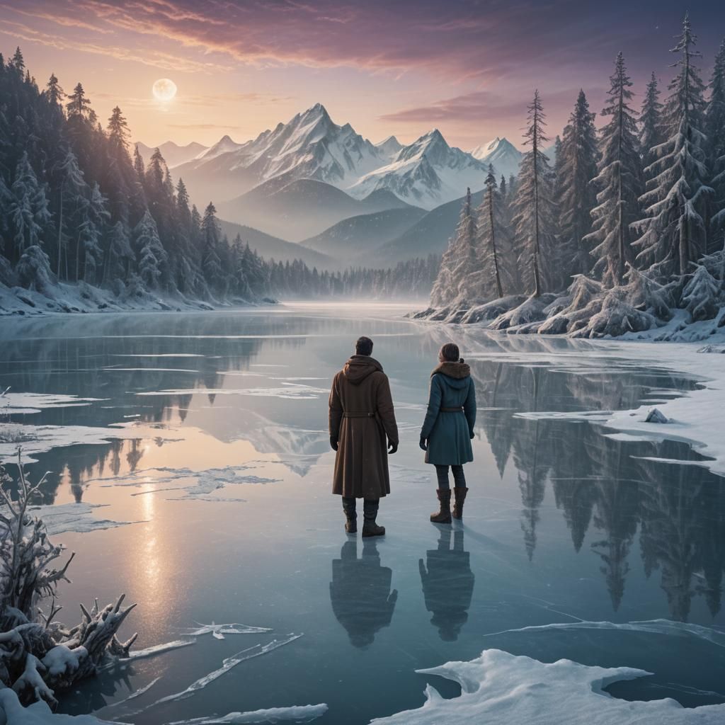 Couple Gazing at Moonlit Landscape in Matte Painting