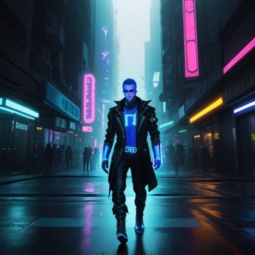 Cyberpunk Man Unleashes Electric Power in a Futuristic Metro...