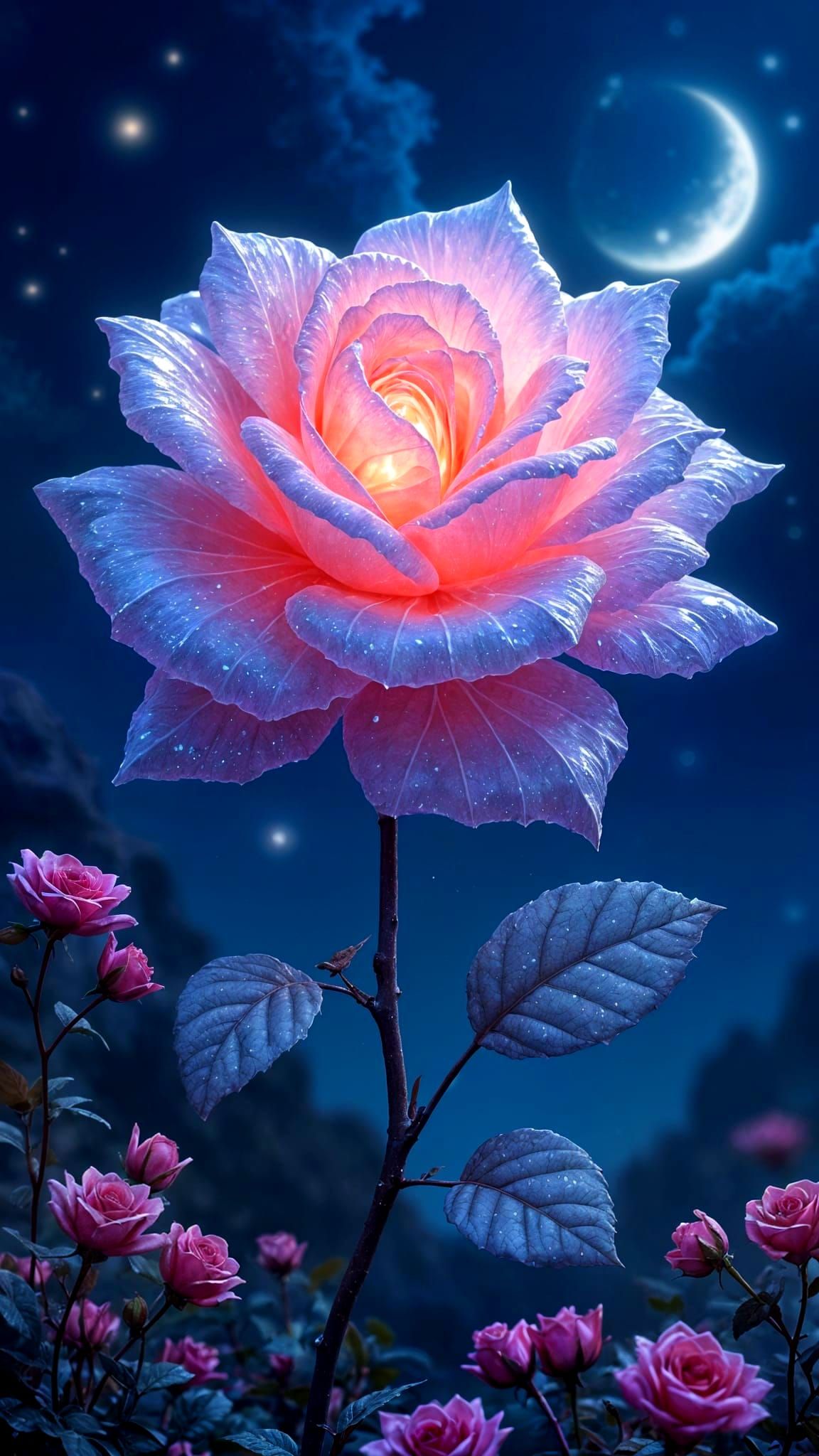 Luminous Crystal Rose in Dreamlike Starry Garden