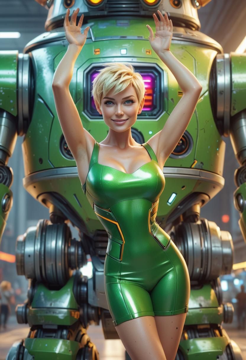 Pixie Woman and Robot, Hyperrealistic Sci-Fi Art