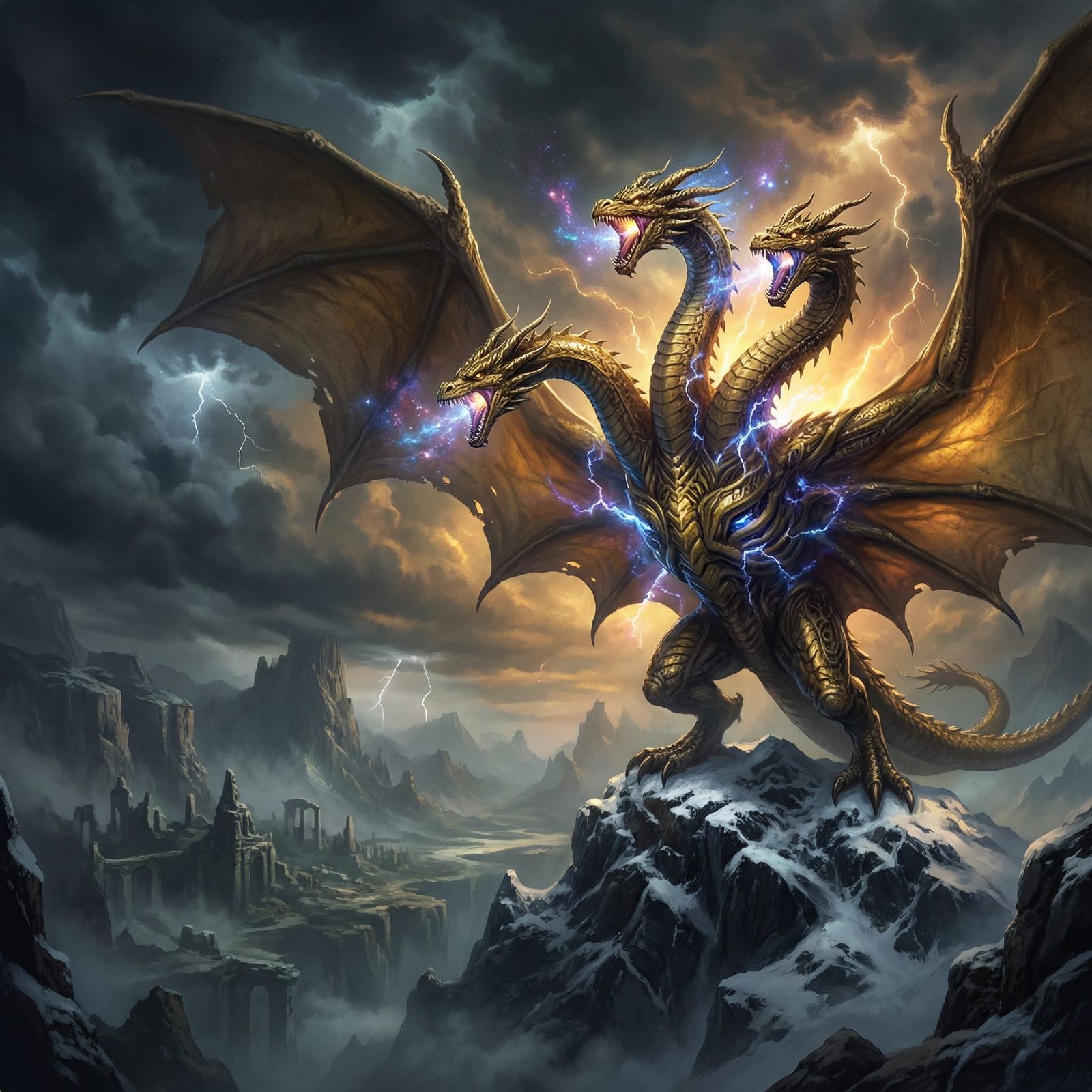 King Ghidorah Shrieks atop Mountain in Cosmic Energy