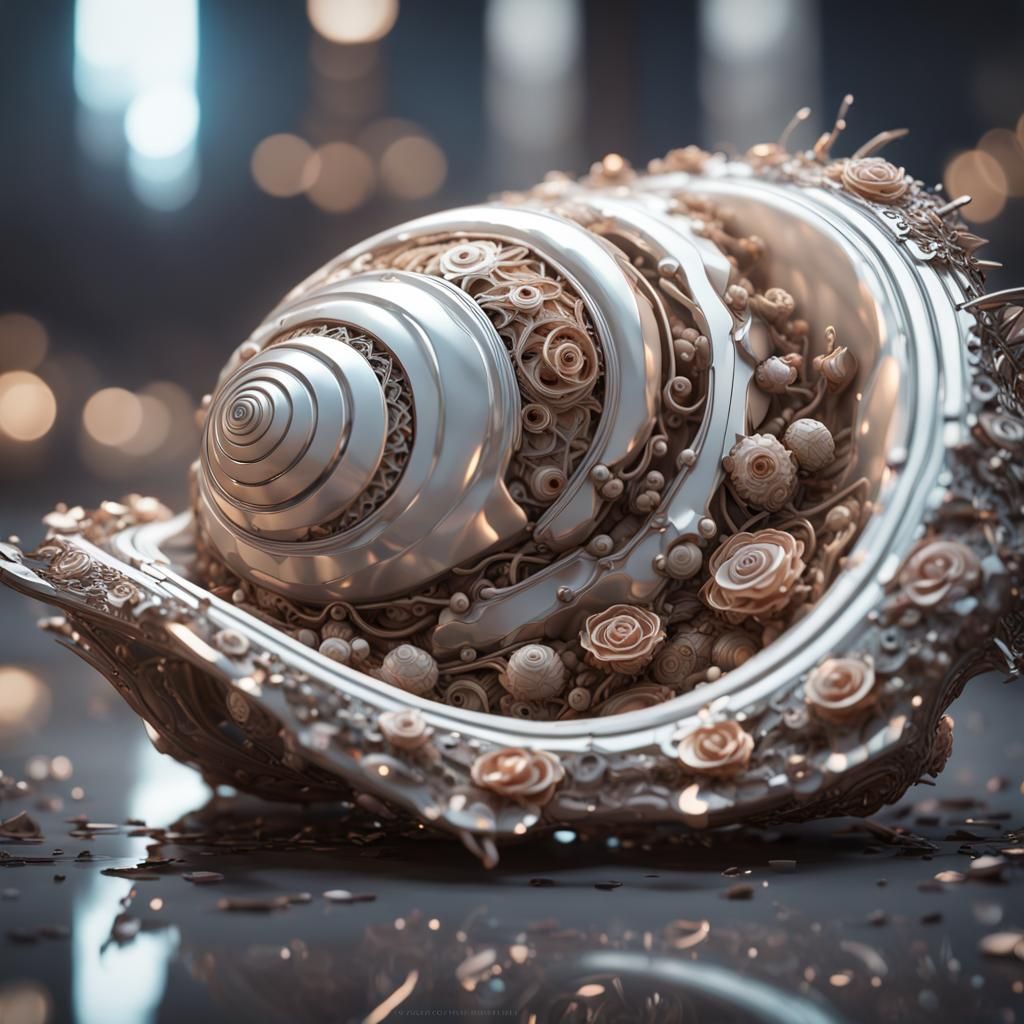 Detailed Floral Shell with Intricate Sci-Fi Mech Details