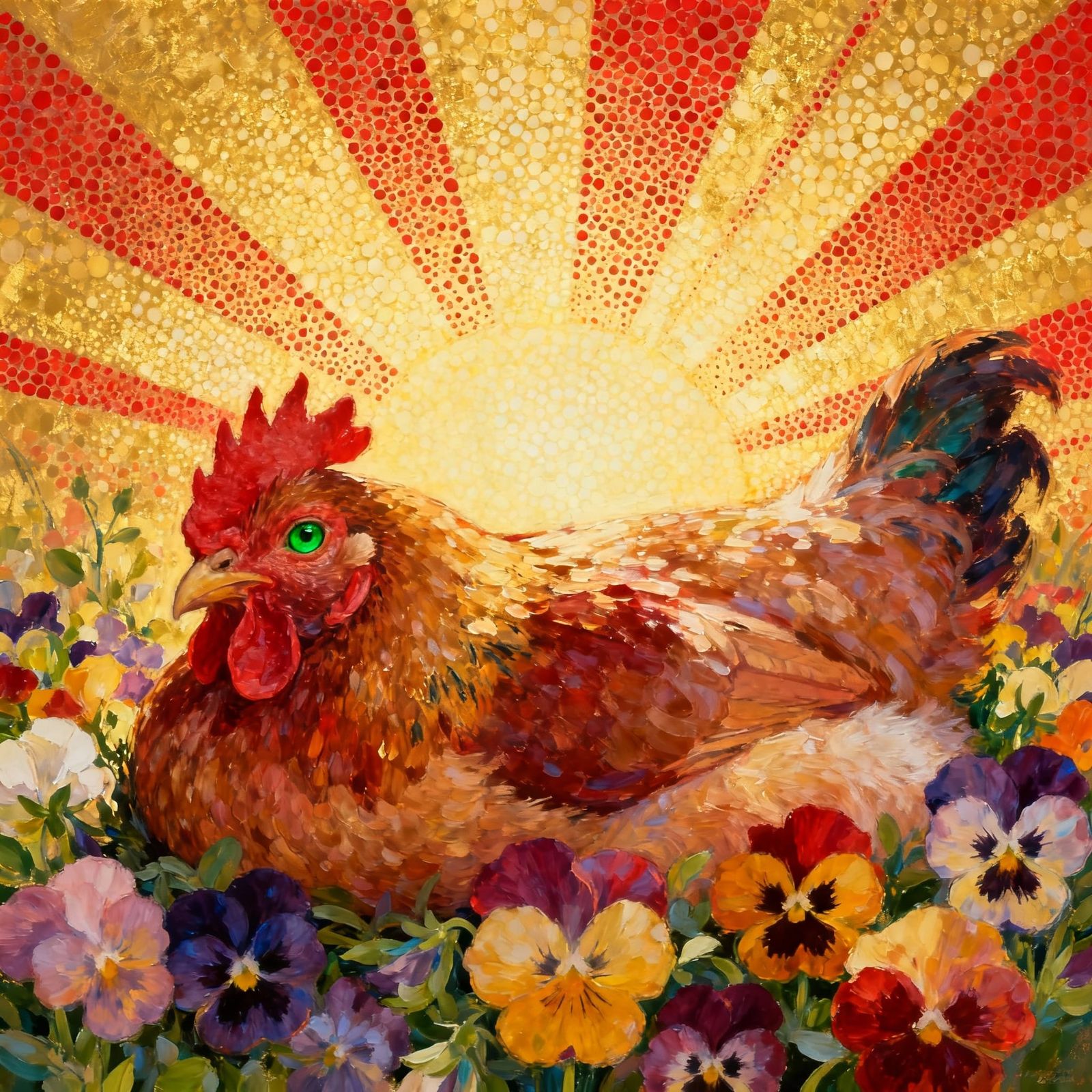 Rooster Resting in Radiant Sun Amongst Pansies