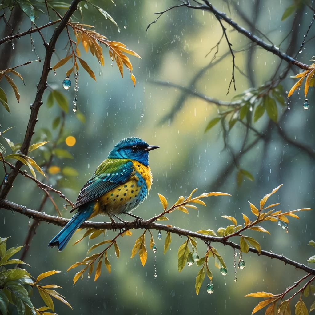 Vibrant Songbird on Dewy Branch: Concept Art