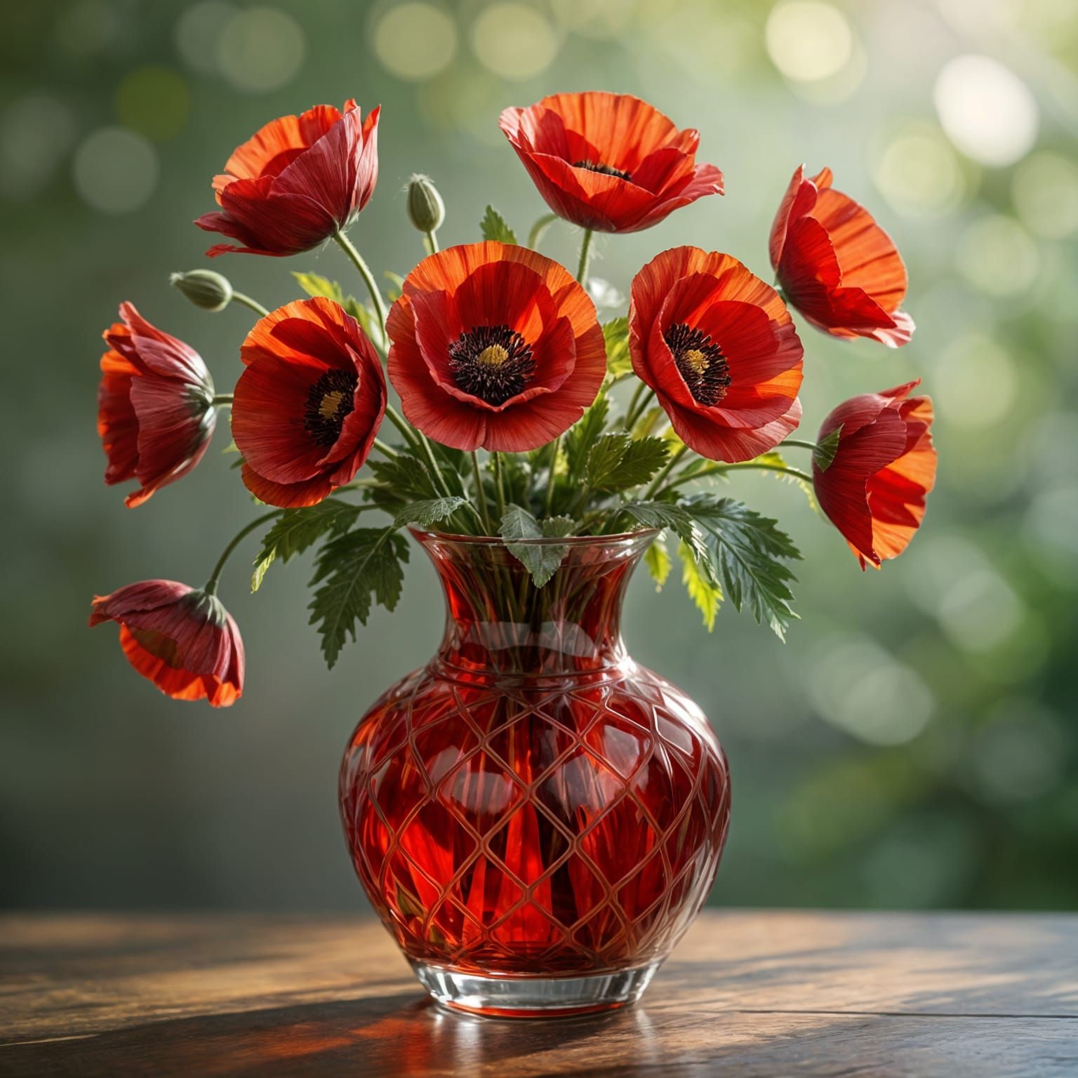 Ornate Red Glass Vase with Poppies in Cinematic Style