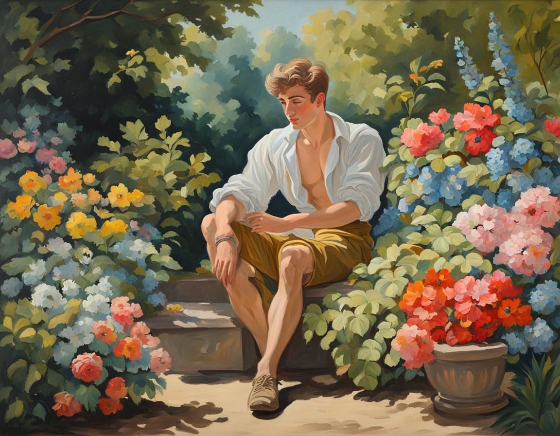 Young Man in the Garden (gouache painting in the style of Francois Boucher)